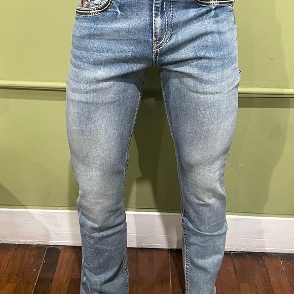 Deniko jeans premium cotton blue embroidery pockets slim straight - Picture 2 of 4